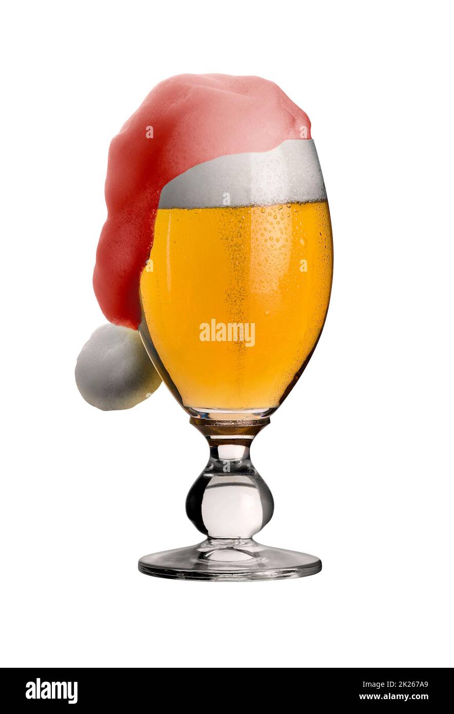 studio photography showing a glass of pils beer with funny foam shaped like a jelly bag cap in white back Stock Photo