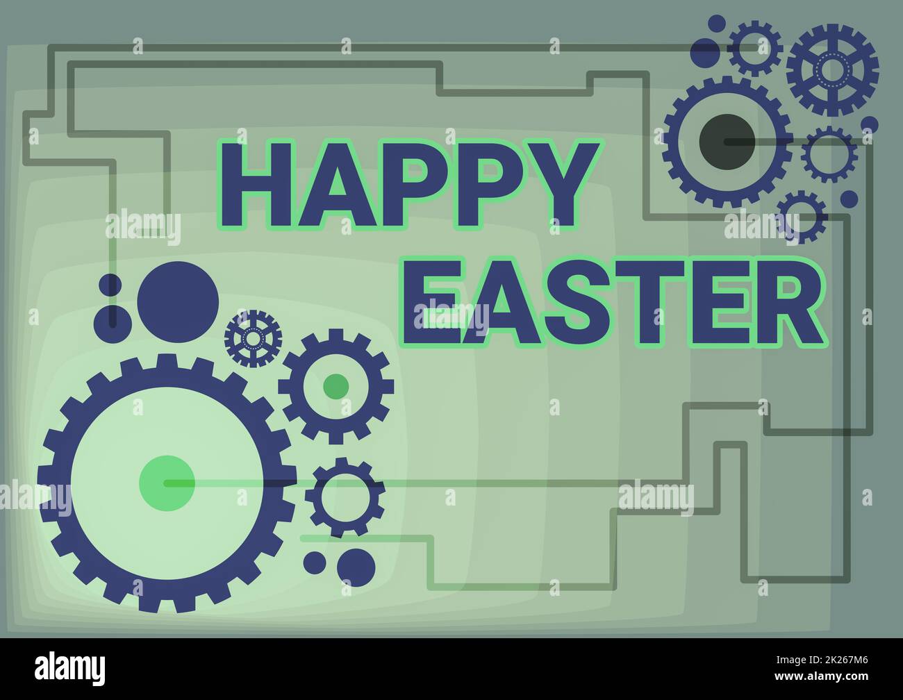 Hand writing sign Happy Easter. Business idea Christian feast commemorating the resurrection of Jesus Illustration Of Mechanic Gears Connected To Each Other Performing Work Stock Photo