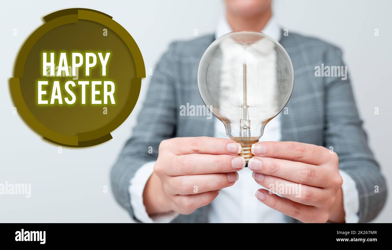 Text caption presenting Happy Easter. Business idea a celebration of the resurrection of Jesus Christ from at sunrise Lady in outfit holding lamp with two hands presenting new technology ideas Stock Photo