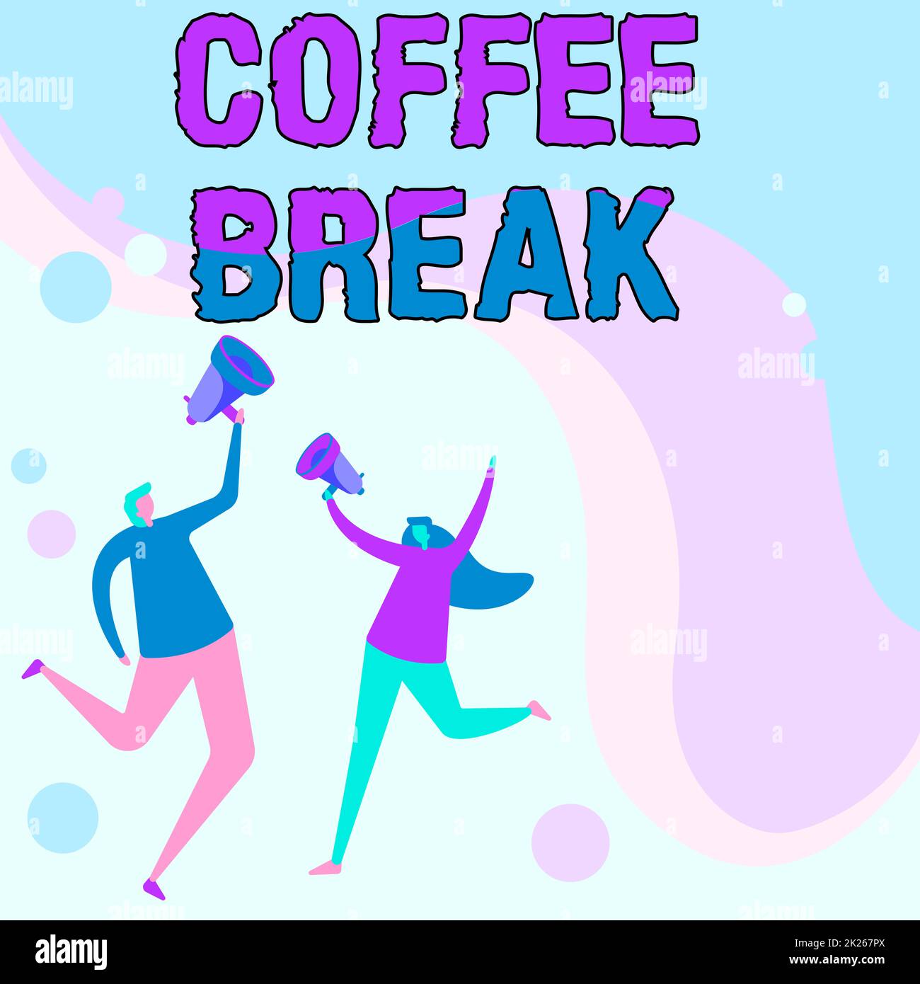Conceptual caption Coffee Break. Word Written on short time allotted for drinking coffee without doing any work Illustration Of Partners Jumping Around Sharing Thoughts Through Megaphone. Stock Photo