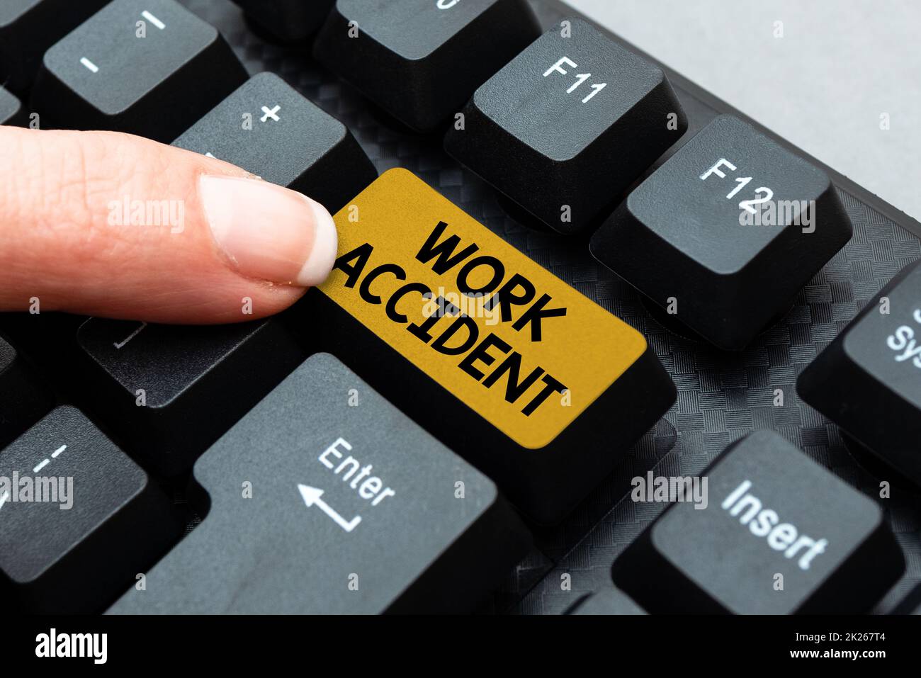 Conceptual display Work Accident. Business idea Mistake Injury happened in the job place Getting hurt Typing Device Instruction Manual, Posting Product Review Online Stock Photo