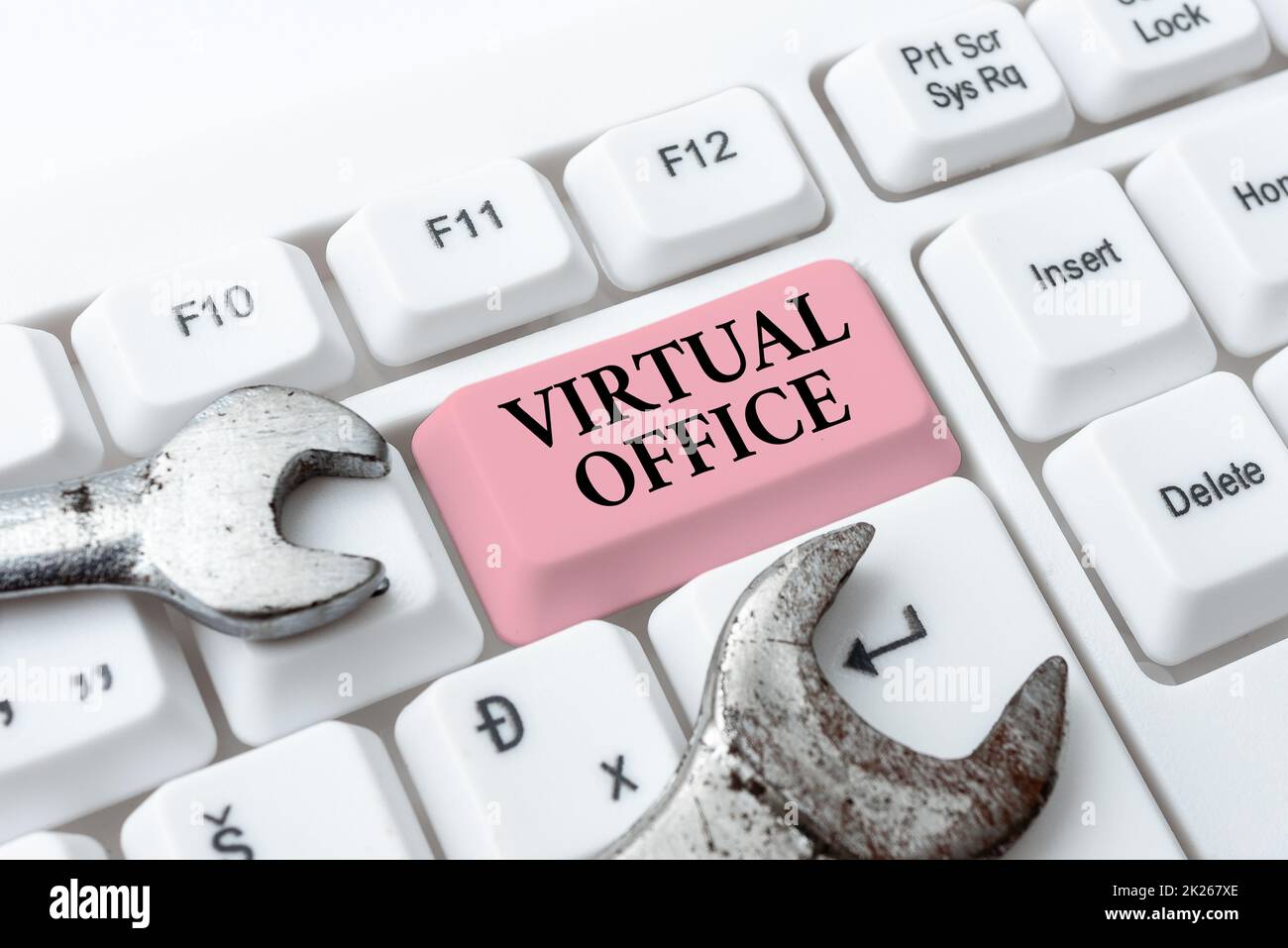 Conceptual caption Virtual Office. Business overview operational domain of any business or organization virtually Creating New Programming Guidebook, Typing Program Source Codes Stock Photo
