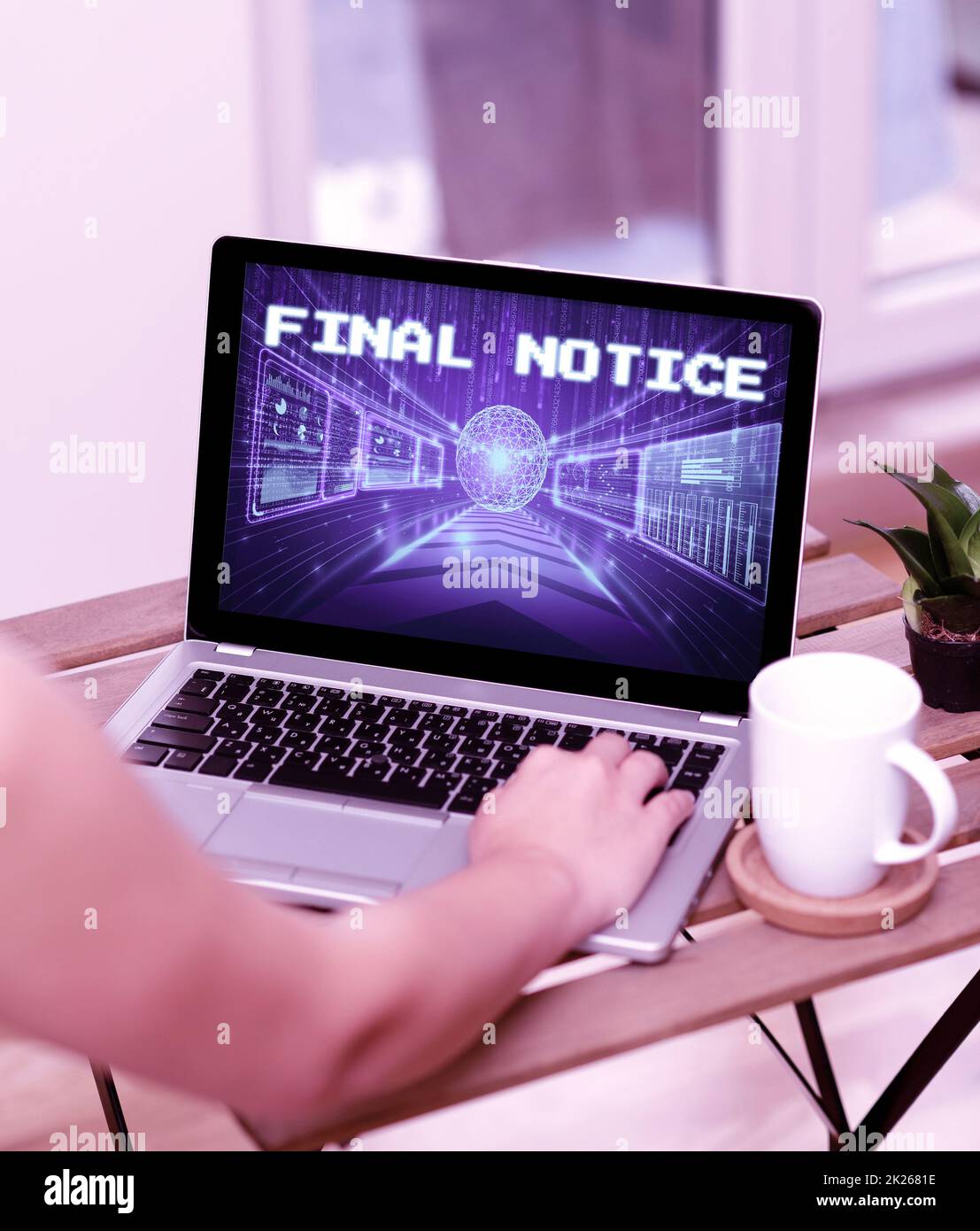 Conceptual display Final Notice. Internet Concept Formal Declaration or warning that action will be taken Hand Busy Typing On Laptop Beside Coffe Mug And Plant Working From Home. Stock Photo