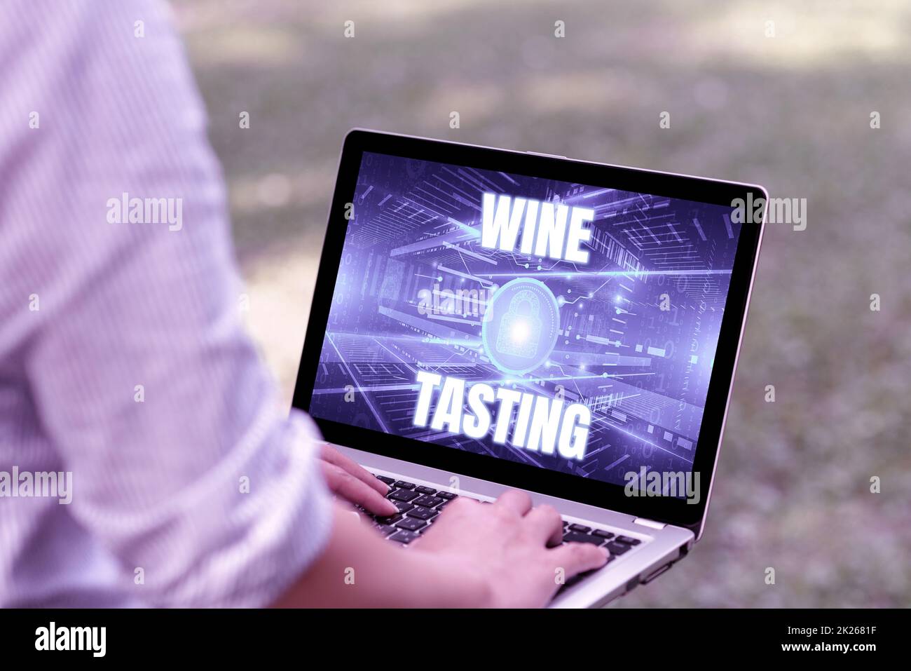 Text sign showing Wine Tasting. Conceptual photo Degustation Alcohol Social gathering Gourmet Winery Drinking Woman Typing On Laptop In The Park Alone Accomplishing Remote Jobs. Stock Photo