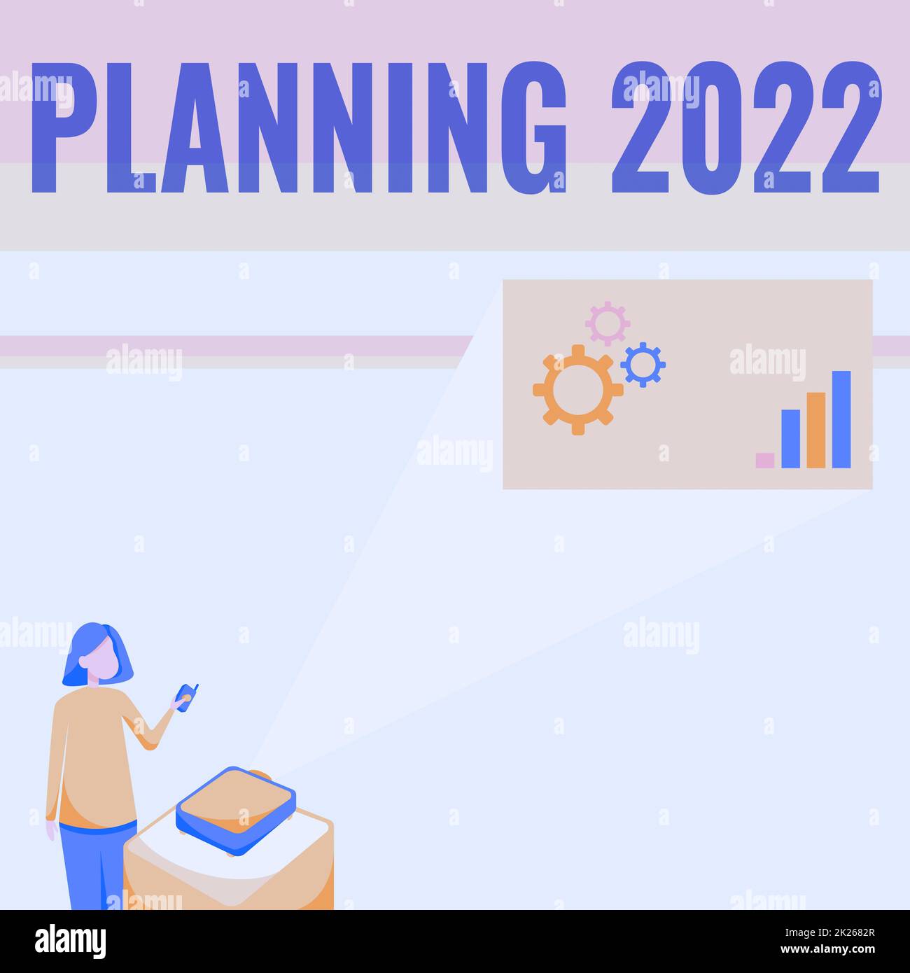 Inspiration showing sign Planning 2022. Conceptual photo Begin with end in the Mind Positioning Long term Objectives Lady Standing Holding Projector Remote Control Presenting Graph Growth. Stock Photo