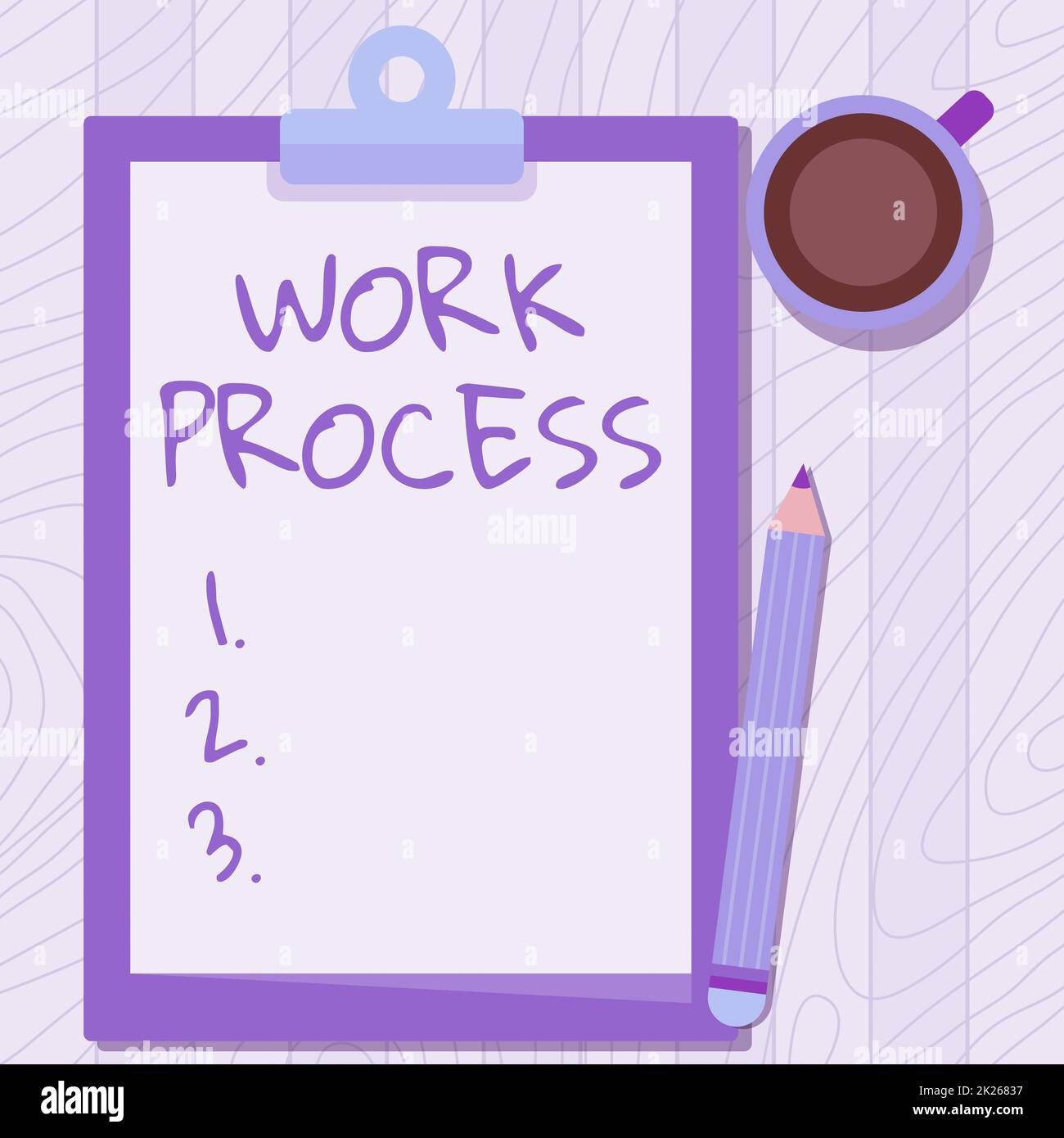Text showing inspiration Work Process. Conceptual photo Standard procedures how to handle a particular job rules system Illustration Of Pencil On Top Of Table Beside The Clipboard And Coffee Mug. Stock Photo