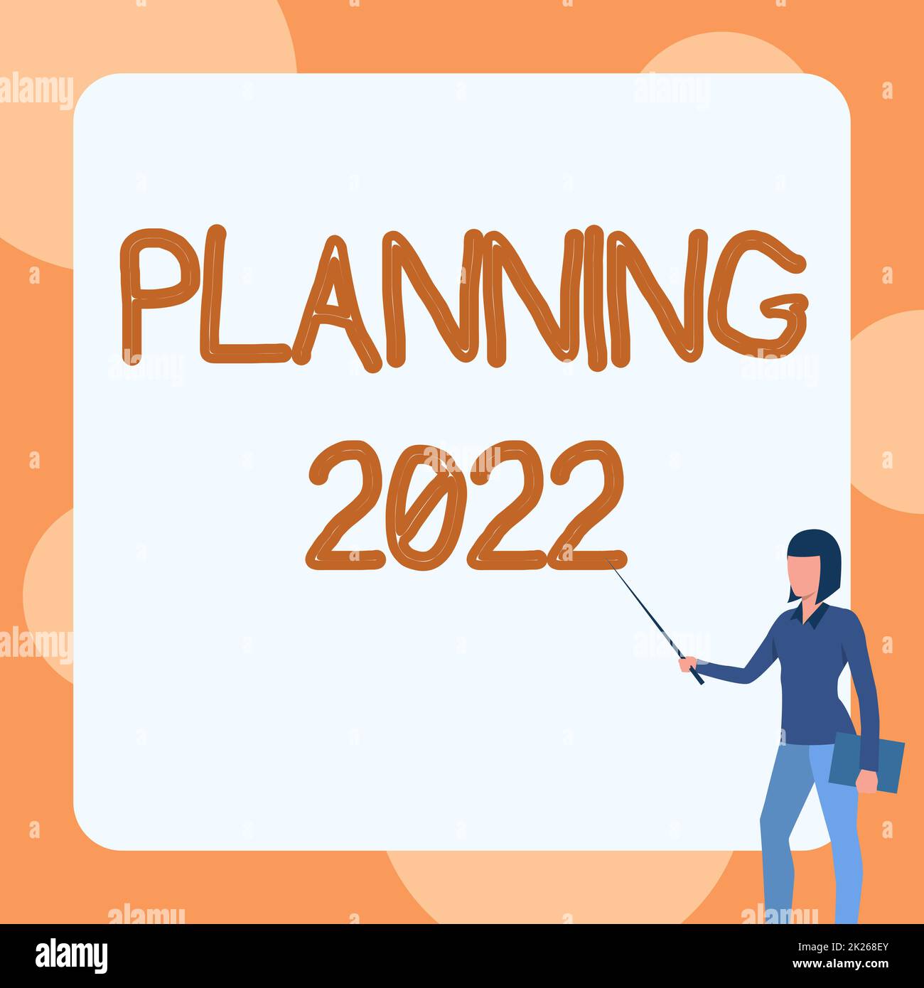 Conceptual display Planning 2022. Concept meaning Begin with end in the Mind Positioning Long term Objectives Lady Standing Holding Notebook While Pointing Stick In Blank Whiteboard. Stock Photo