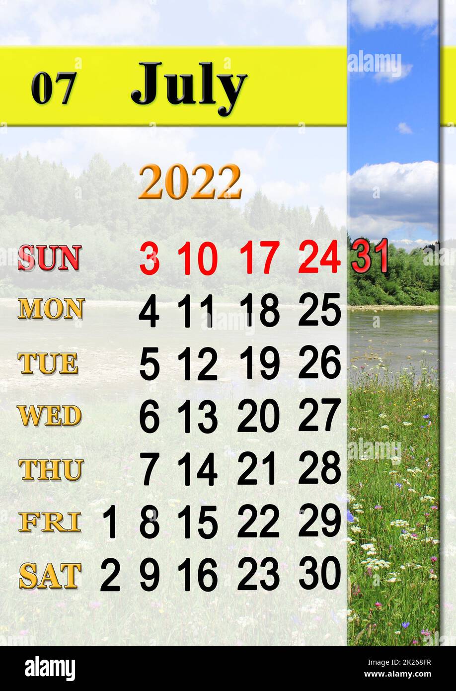 calendar for July 2022 with image of with summer river Stock Photo