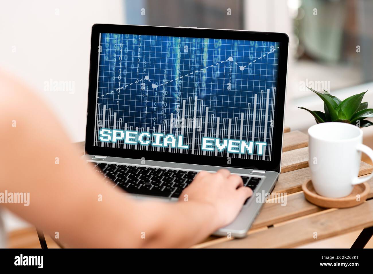 Hand writing sign Special Event. Internet Concept Function to generate money for non profit a Crowded Occassion Hand Typing On Laptop Beside Coffe Mug And Plant Working From Home. Stock Photo