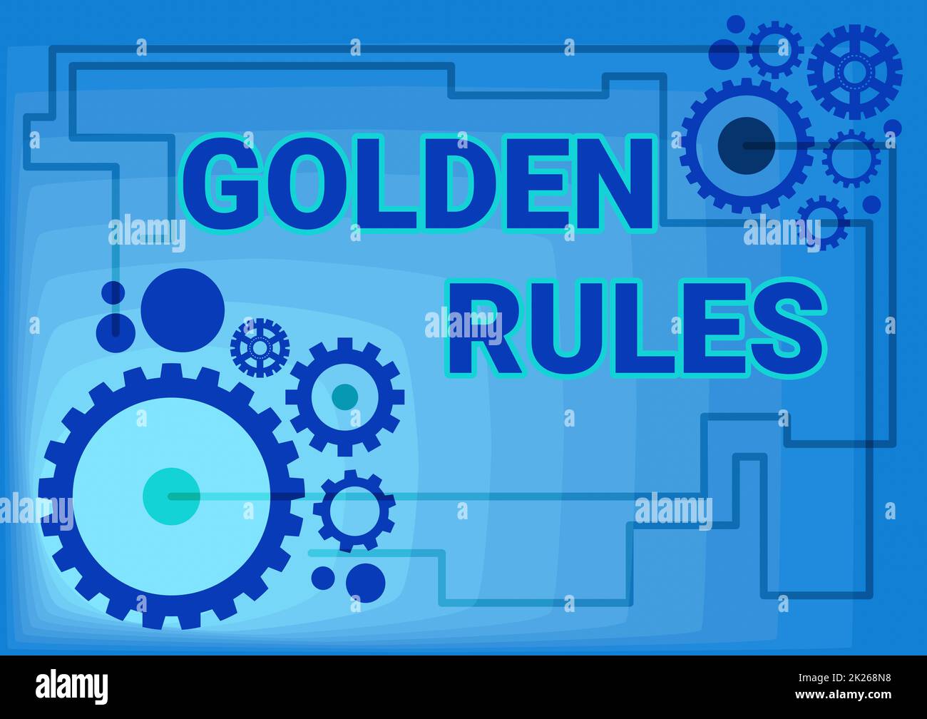 Conceptual caption Golden Rules. Word Written on Basic principle that should be followed Important Principle Illustration Of Mechanic Gears Connected To Each Other Performing Work Stock Photo