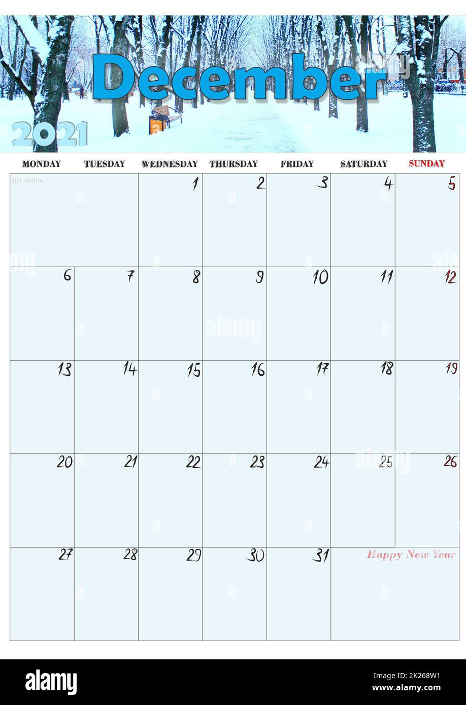 calendar for December 2021 with photo of winter park Home planner