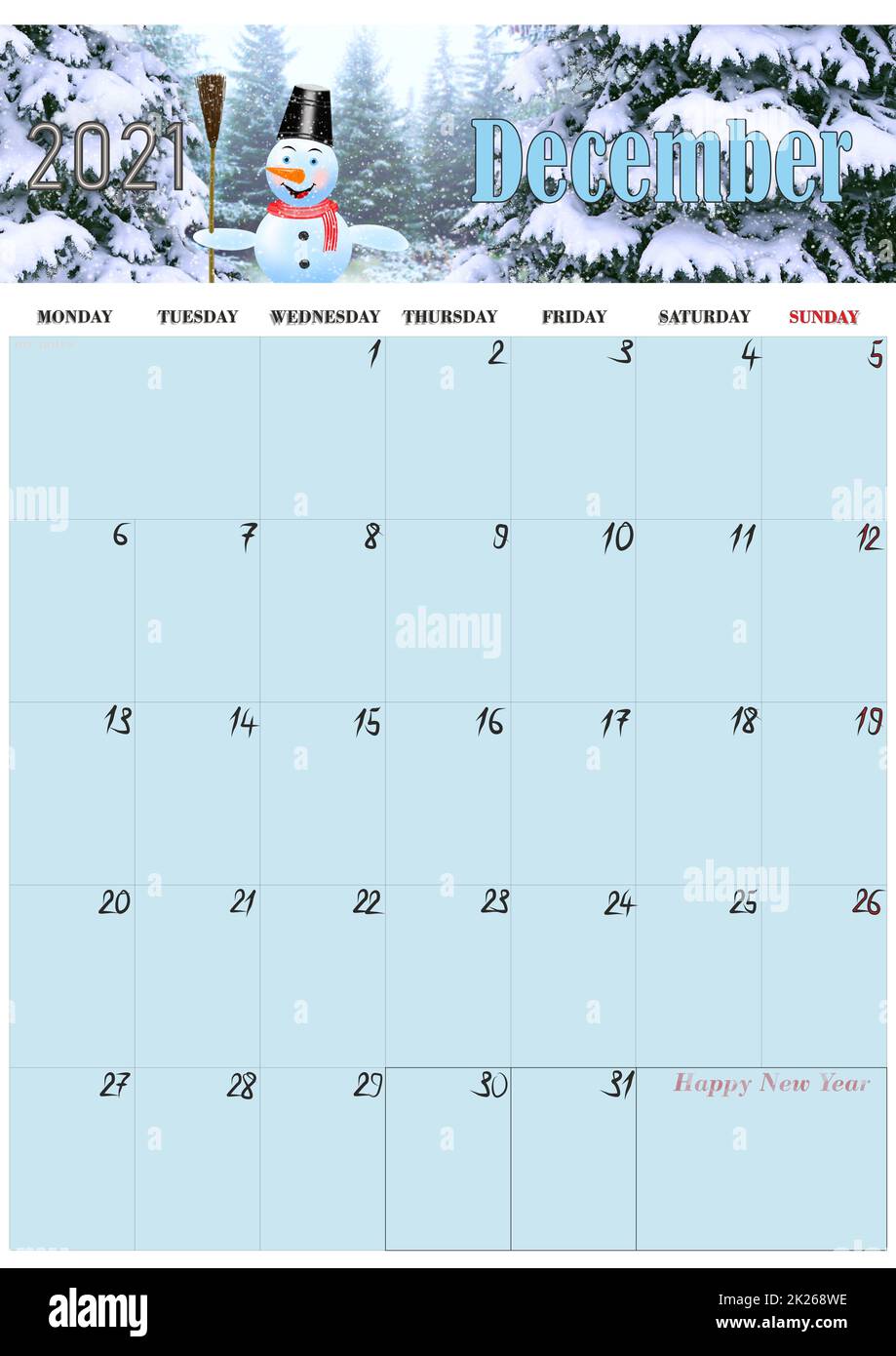 calendar for December 2021 with photo of winter snowman. Home planner