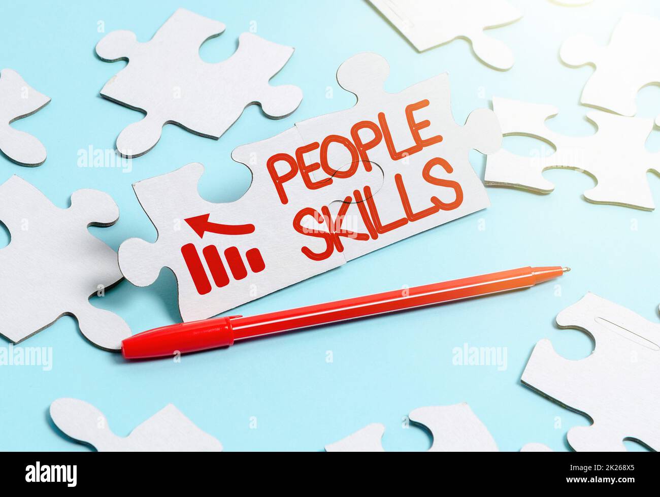 Handwriting text People Skills. Business showcase Get Along well Effective Communication Rapport Approachable Building An Unfinished White Jigsaw Pattern Puzzle With Missing Last Piece Stock Photo