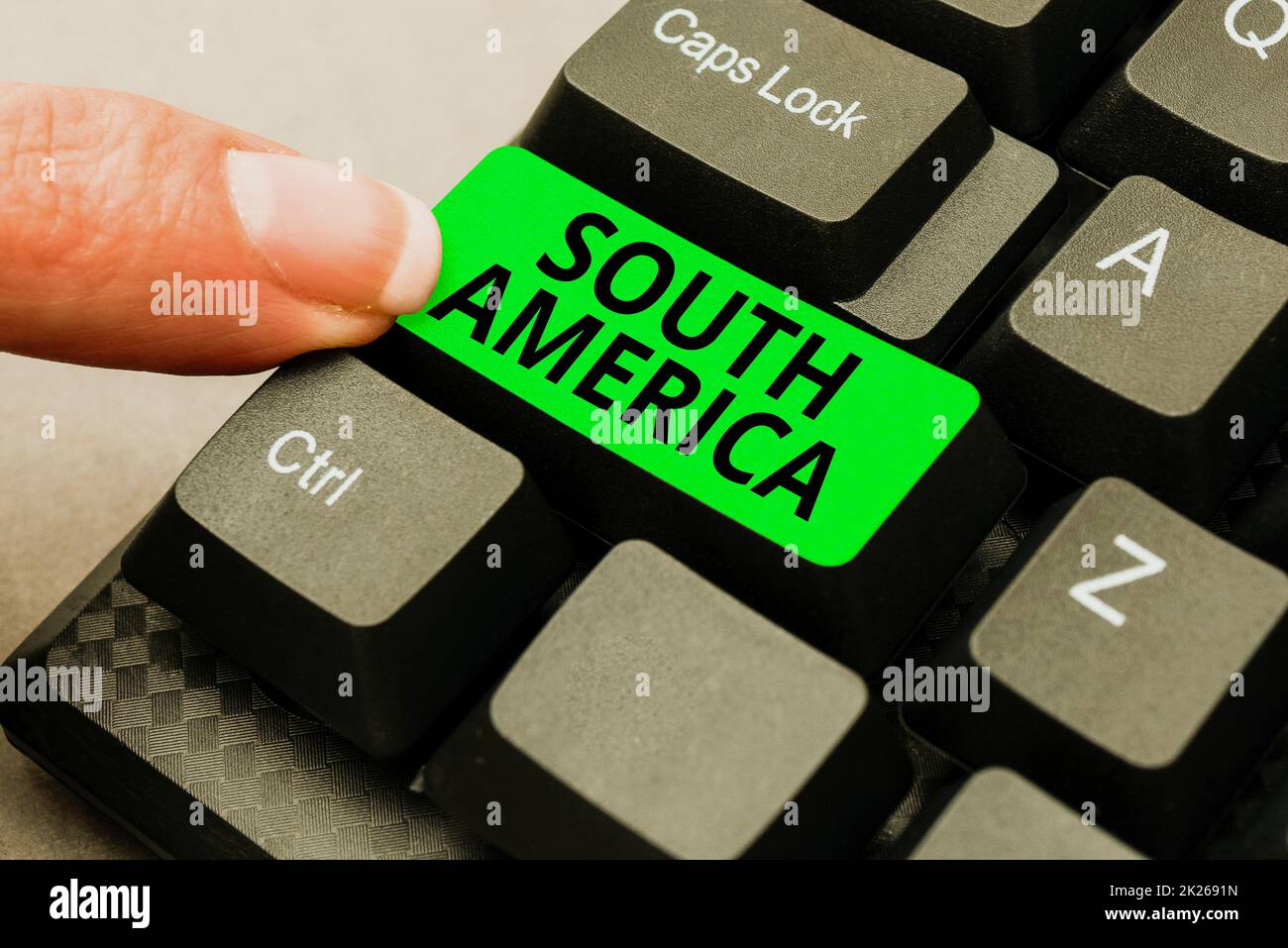 Hand writing sign South America. Word for Continent in Western Hemisphere Latinos known for Carnivals Abstract Gathering Investigation Clues Online, Presenting Internet Ideas Stock Photo