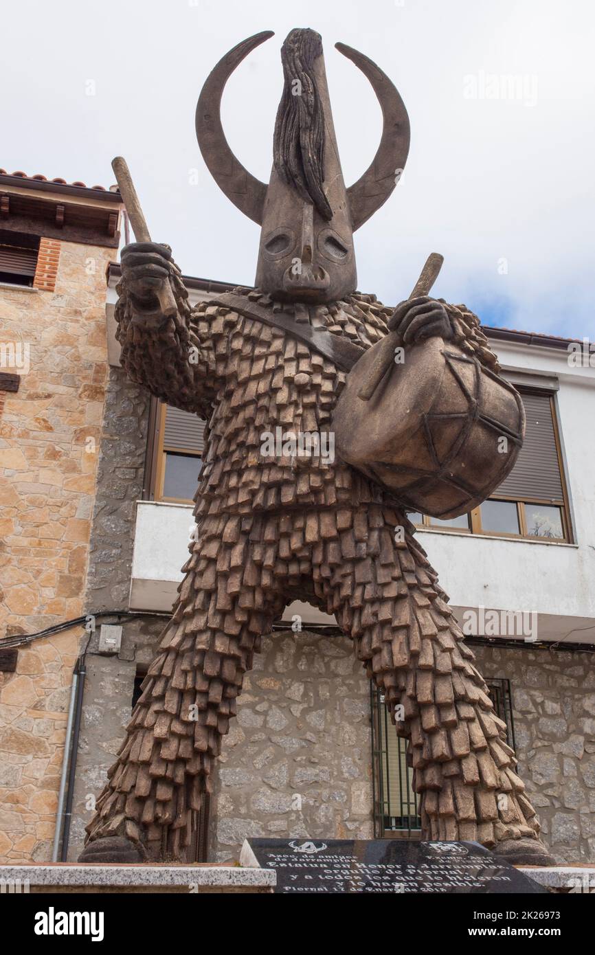 Piornal, Spain - Jan 9th, 2022: Jarramplas sculpture. Made by Jesus M., Jose L and others in 2015 Stock Photo