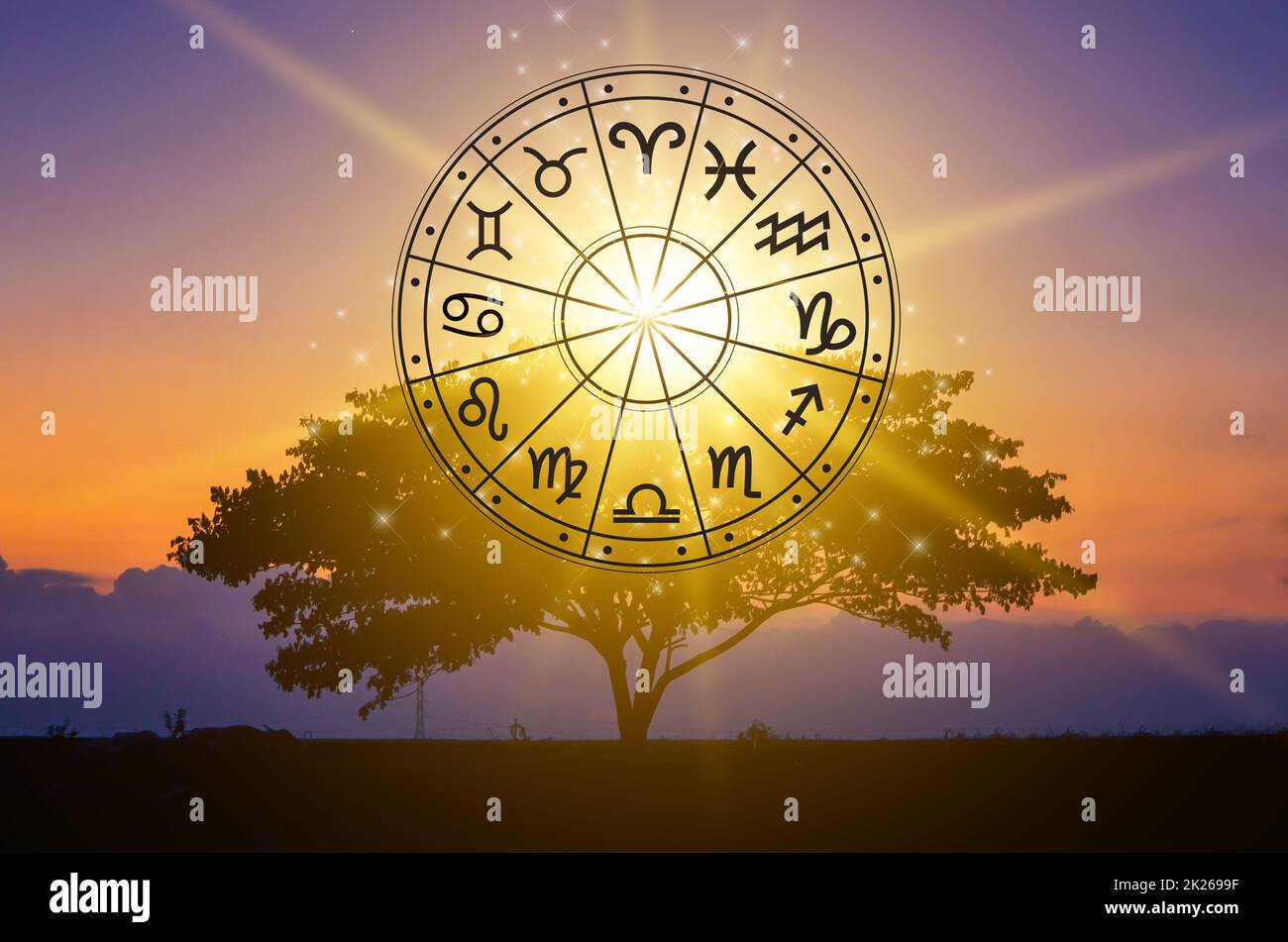 Zodiac signs inside of horoscope circle astrology and horoscopes concept Stock Photo
