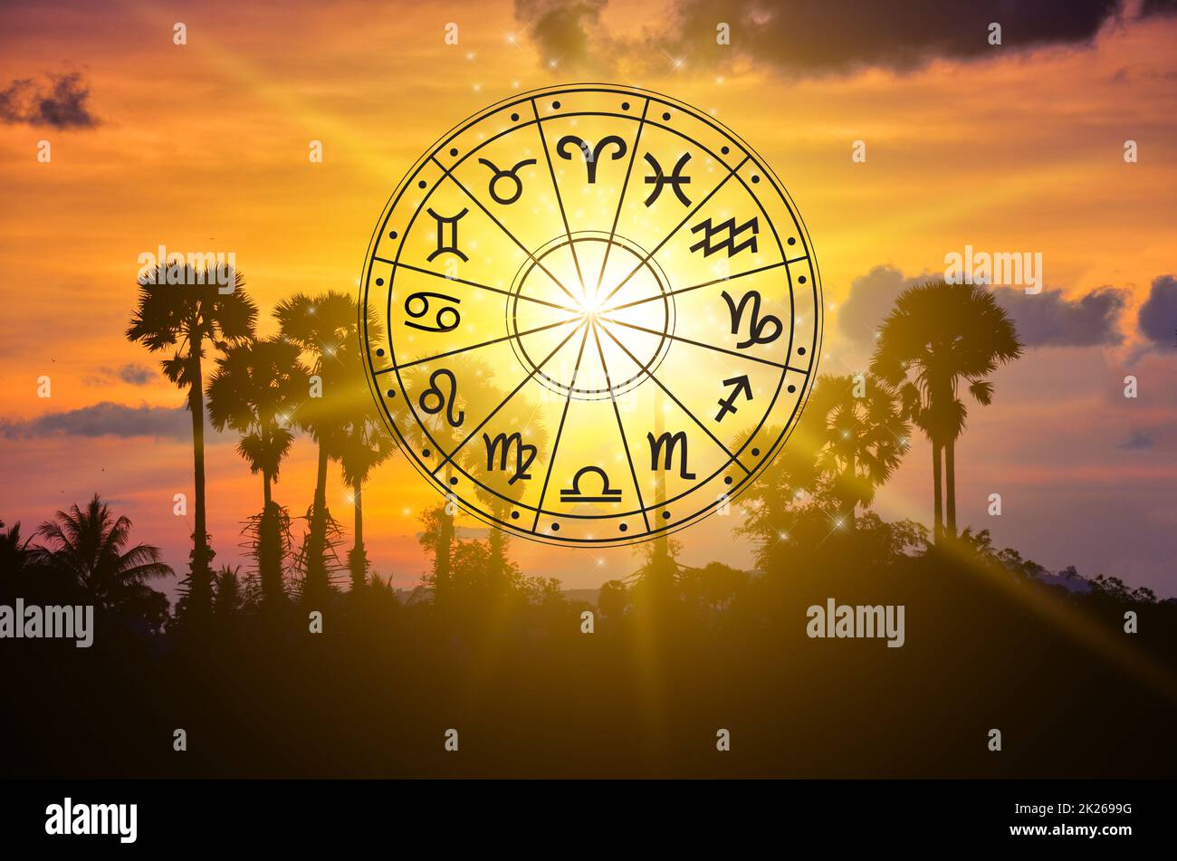 Zodiac signs inside of horoscope circle astrology and horoscopes concept Stock Photo