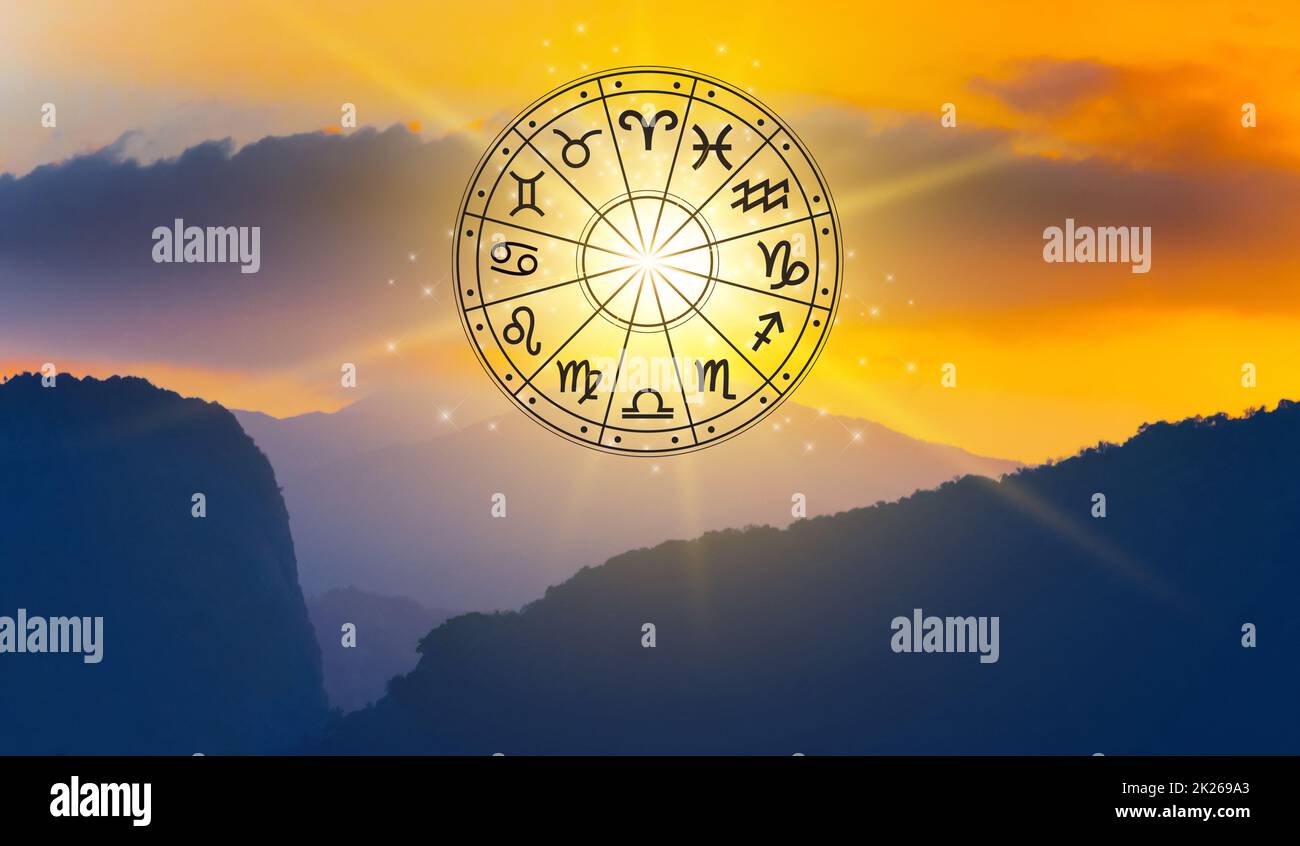 Zodiac signs inside of horoscope circle astrology and horoscopes concept Stock Photo