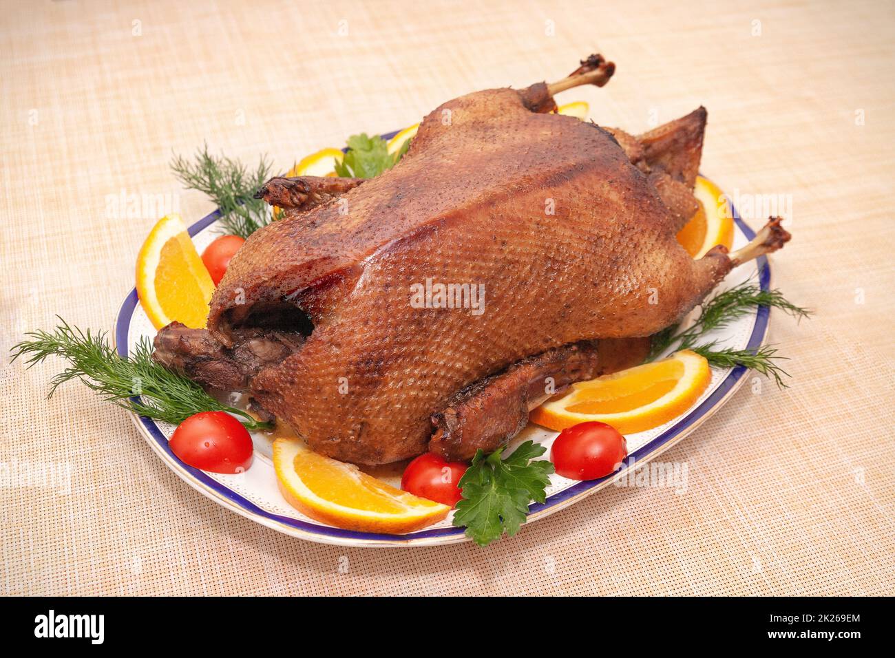 Homemade baked duck. Crispy whole roast duck. Thanksgiving or Christmas