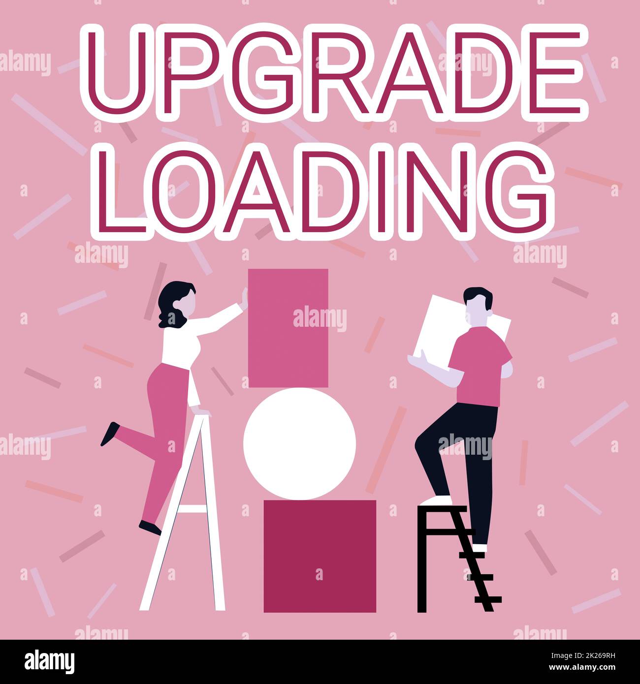 Text showing inspiration Upgrade Loading. Business idea advancement of applications to more improved tools Couple Drawing Using Ladder Placing Big Empty Picture Frames To A Wall. Stock Photo