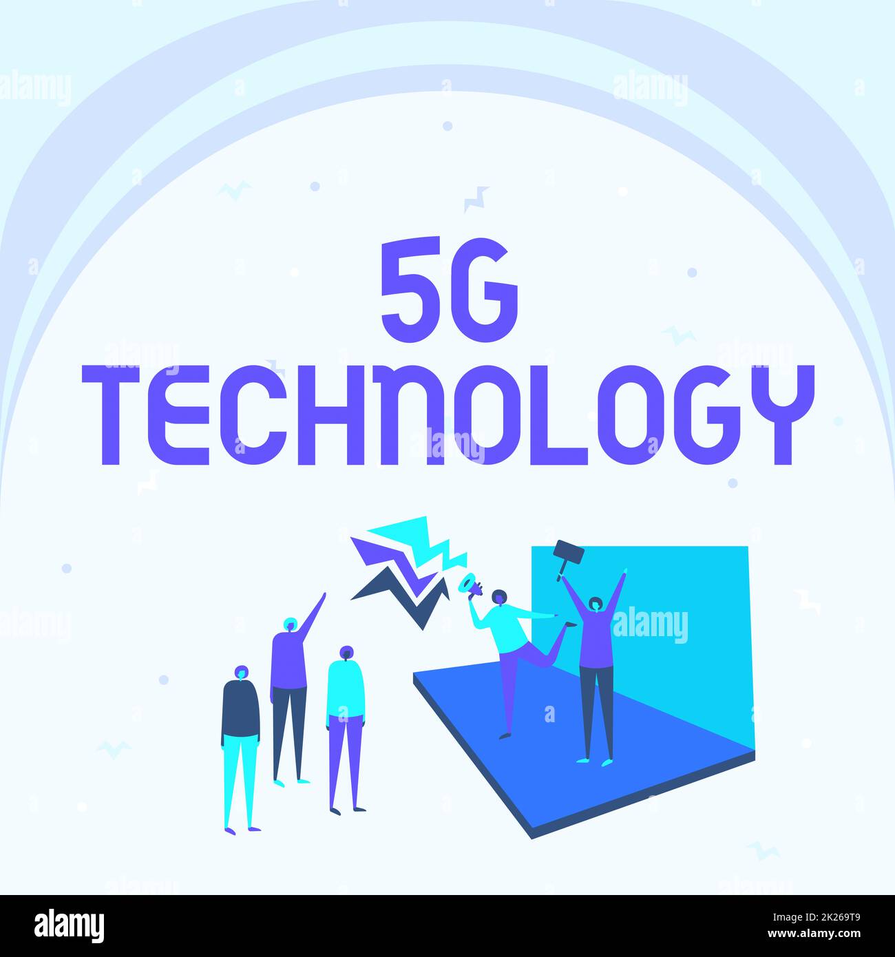 Text sign showing 5G Technology. Internet Concept highspeed mobile Internet, new generation wireless system networks Illustration Of Couple On Stage Making Announcement To The Small Crowd. Stock Photo