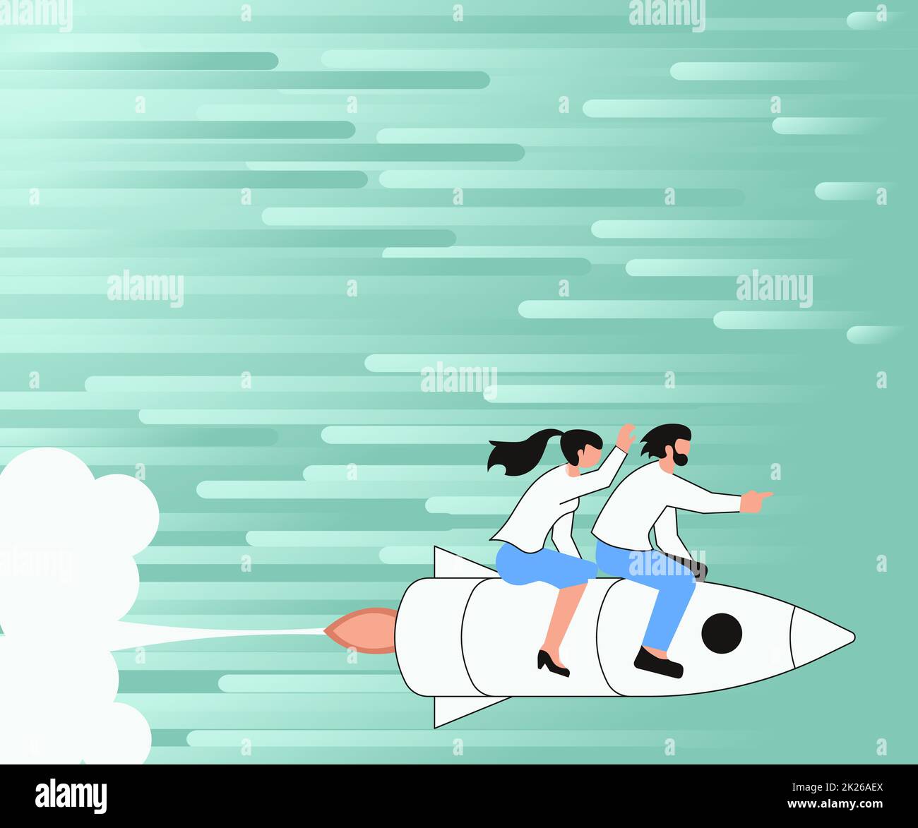 Illustration Of Happy Partners Riding On Fast Rocket Ship Exploring The World. Joyfull Couple Drawing Traveling With Rushing Space Craft Touring Space. Stock Photo