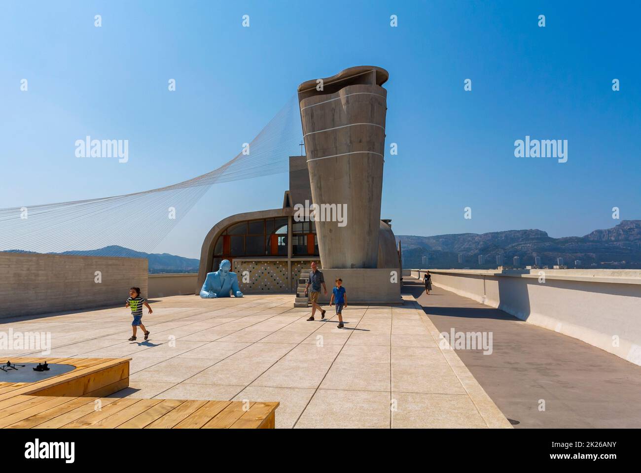 Marseille, France, Tourist Family Visiting Rooftop Modern Public Aprtment Building, CIte Radieuse, by Le Corbusier, French Architect Stock Photo