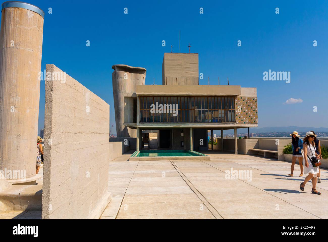 Marseille, France,  Modern Architecture, Tourists Visiting, Girls , on Rooftop, Public Apartment Building, CIte Radieuse, by Le Corbusier, French Architect Stock Photo