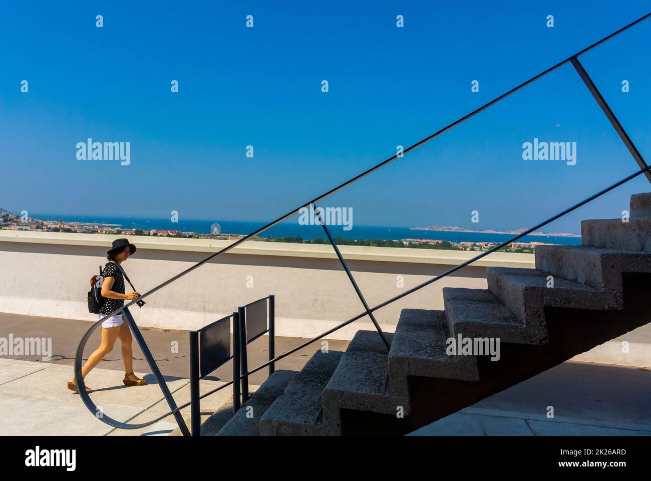 Marseille, France, Woman Climbing Staircase Outside, Modern Architecture, Tourists Visiting, on Rooftop, Public Apartment Building, CIte Radieuse, by Le Corbusier, French Architect Stock Photo