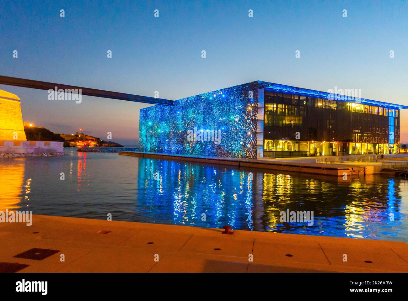 Marseille, France,  Modern Architecture, Front, Night View with Lights, MUCEM Museum Building, French Modern History Stock Photo
