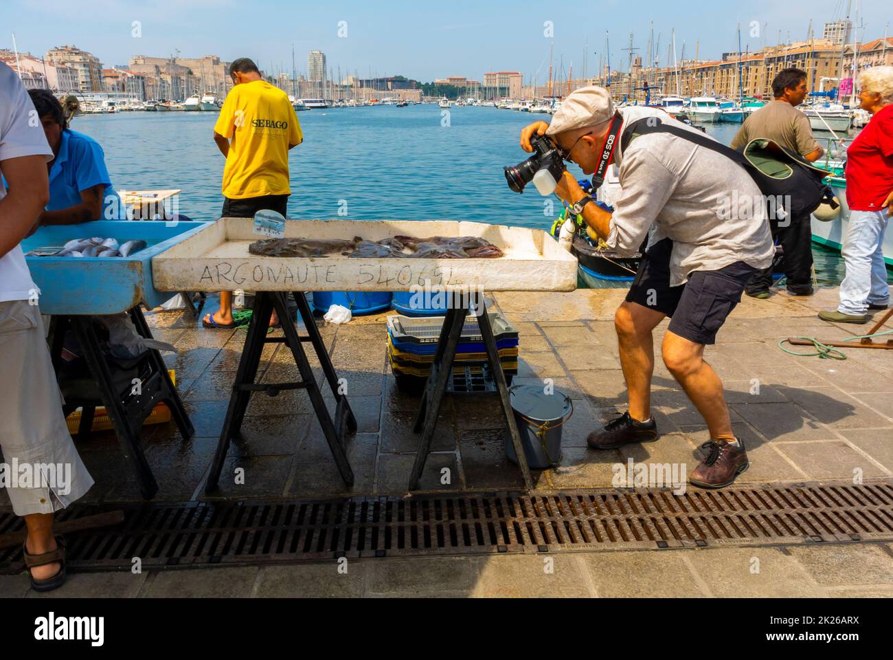 Marseille, France, Photographer Taking CLose up Photos of Local Fish Market at Old Port Stock Photo