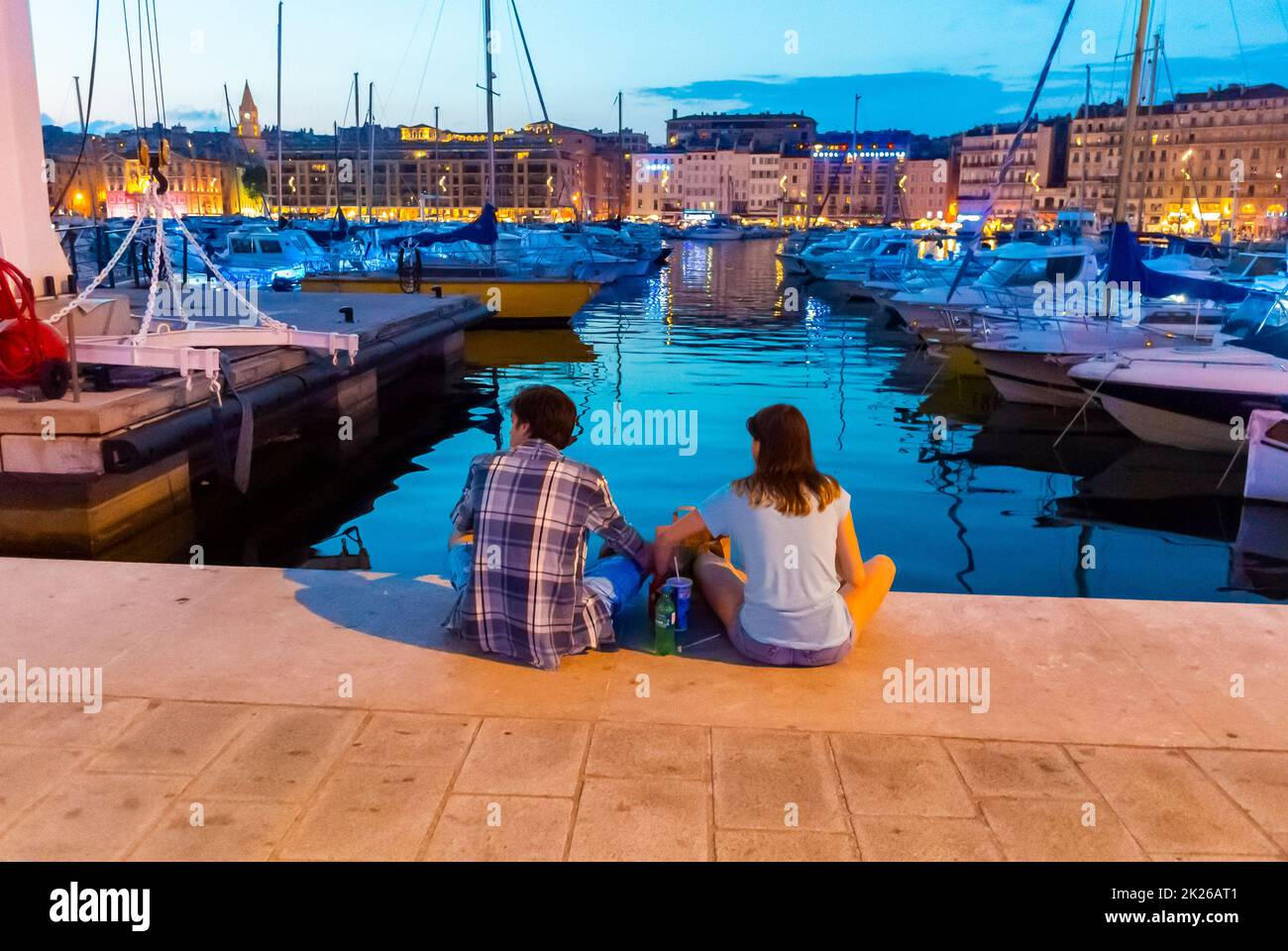 Marseille, France, Young Couple Sharing Drinks , evening, at Old Port Stock Photo