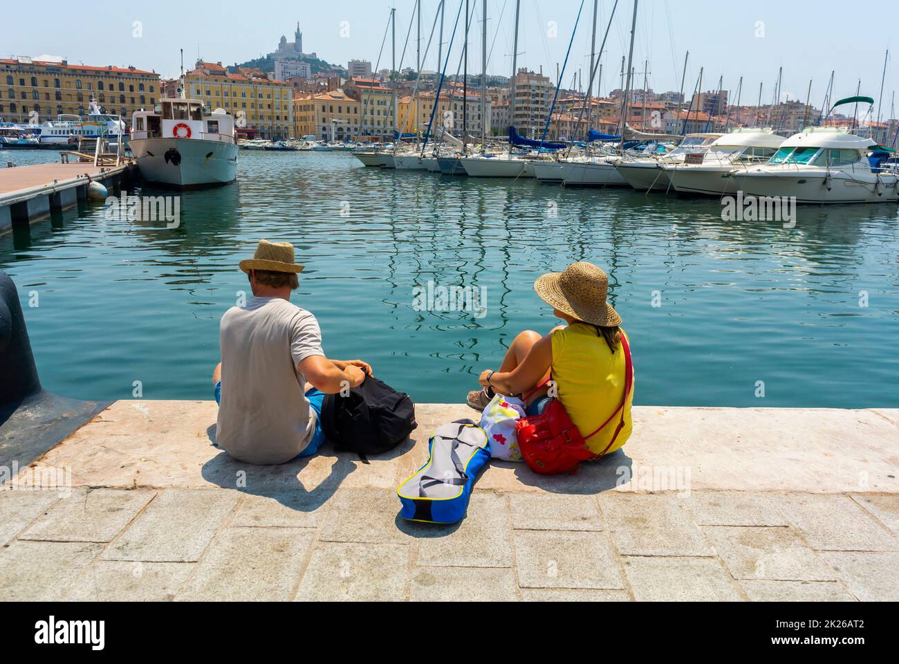 Marseille, France, Tourists Visting the Canabiere, on Mediterranean Sea Coast,  Couple and Yachts Stock Photo