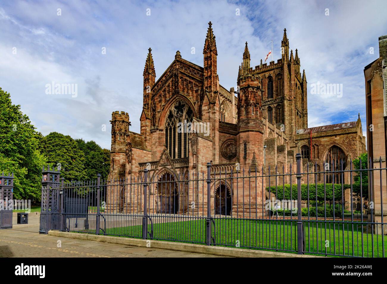 West front of the Gothic Cathedral of St Mary the Virgin and St Ethelbert the King in Hereford, Herefordshire, England, UK Stock Photo