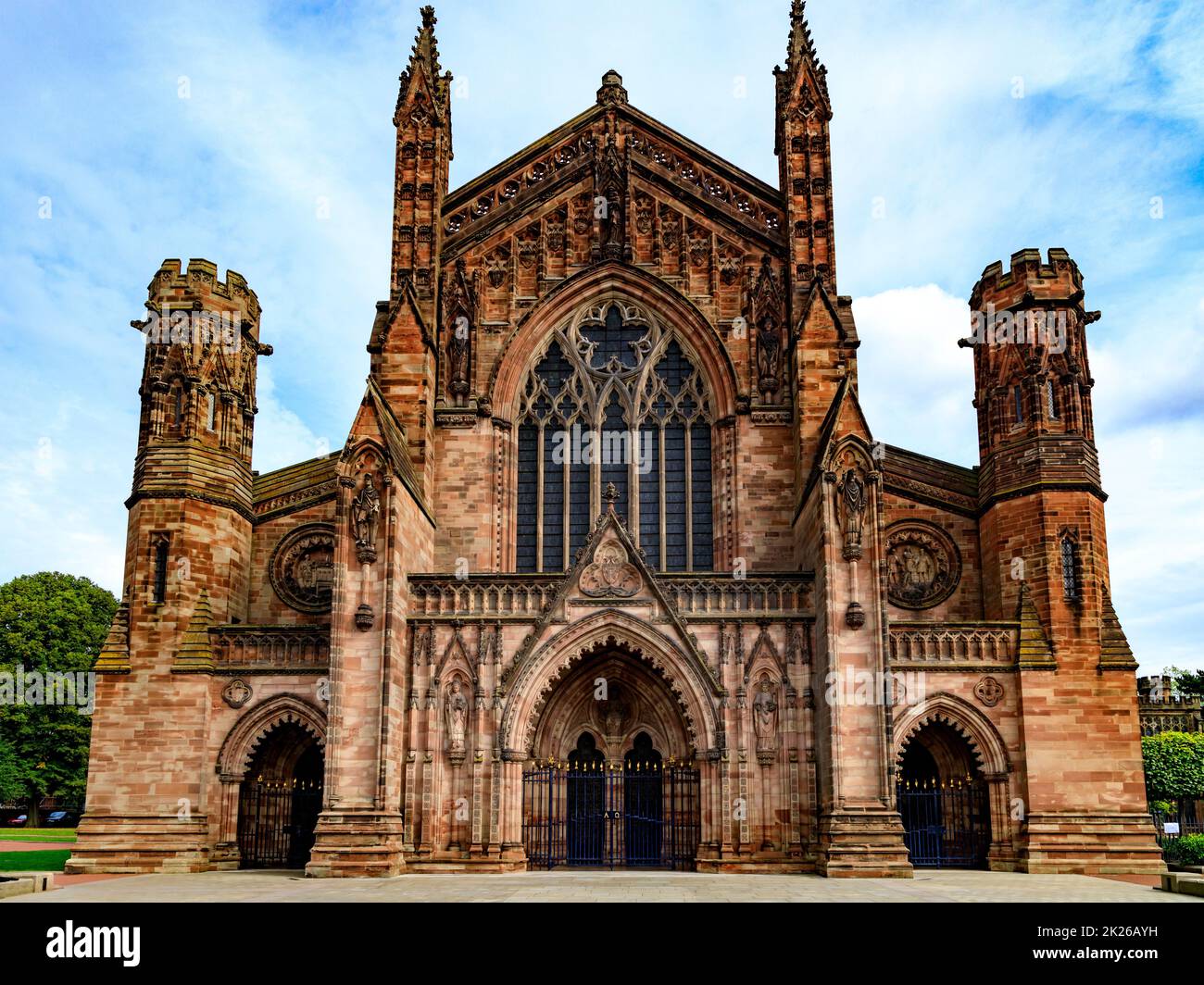 West front of the Gothic Cathedral of St Mary the Virgin and St Ethelbert the King in Hereford, Herefordshire, England, UK Stock Photo
