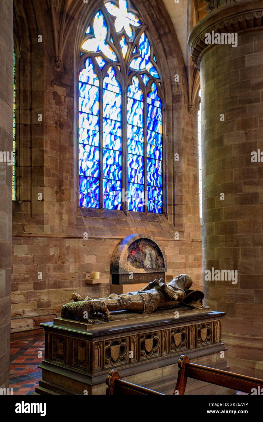 The SAS memorial window and Tomb of Sir Richard Pembridge in the Gothic Cathedral in Hereford, Herefordshire, England, UK Stock Photo