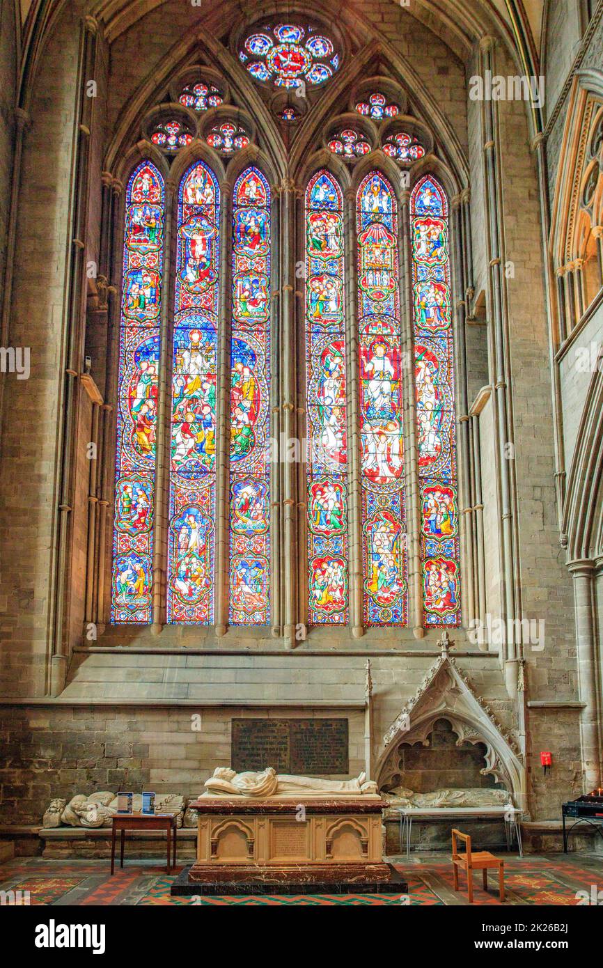 The north transept window in the Gothic Cathedral of St Mary the Virgin and St Ethelbert the King in Hereford, Herefordshire, England, UK Stock Photo