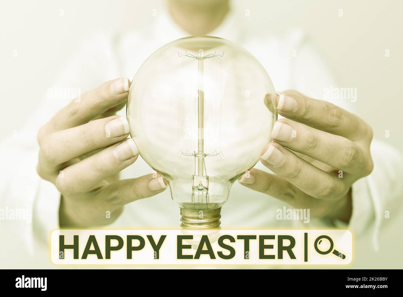 Sign displaying Happy Easter. Concept meaning Christian feast commemorating the resurrection of Jesus Lady in outfit holding lamp with two hands presenting new technology ideas Stock Photo
