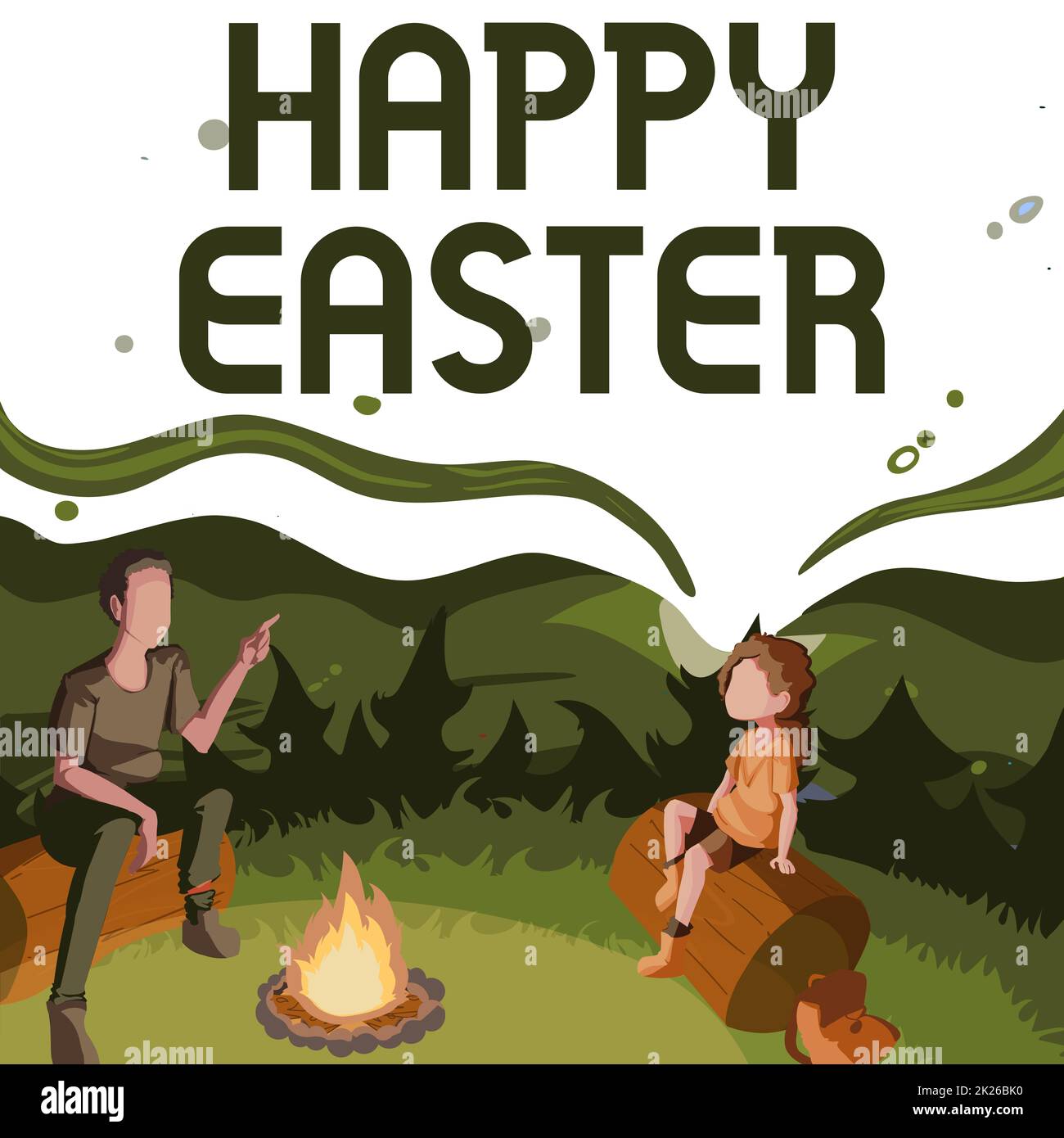 Text caption presenting Happy Easter. Business idea Christian feast commemorating the resurrection of Jesus Father And Daughter Sitting Next To Campfire Enjoying Camping At The Park Stock Photo