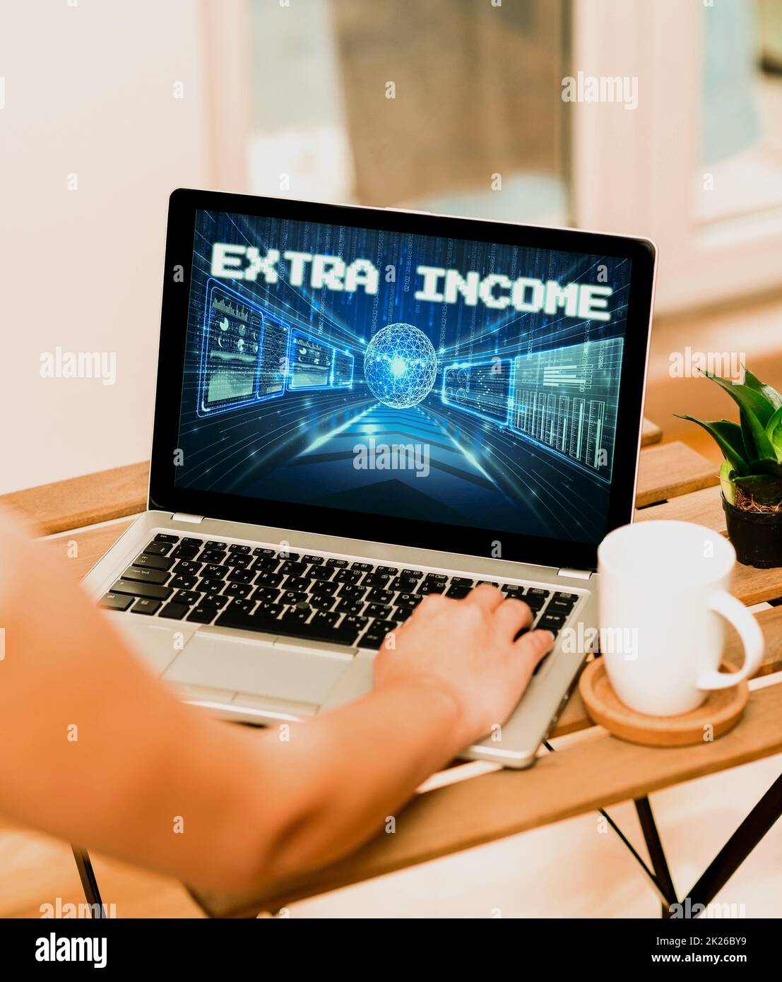 Sign displaying Extra Income. Business idea Additional fund received or earned from a non regular basis Hand Busy Typing On Laptop Beside Coffe Mug And Plant Working From Home. Stock Photo