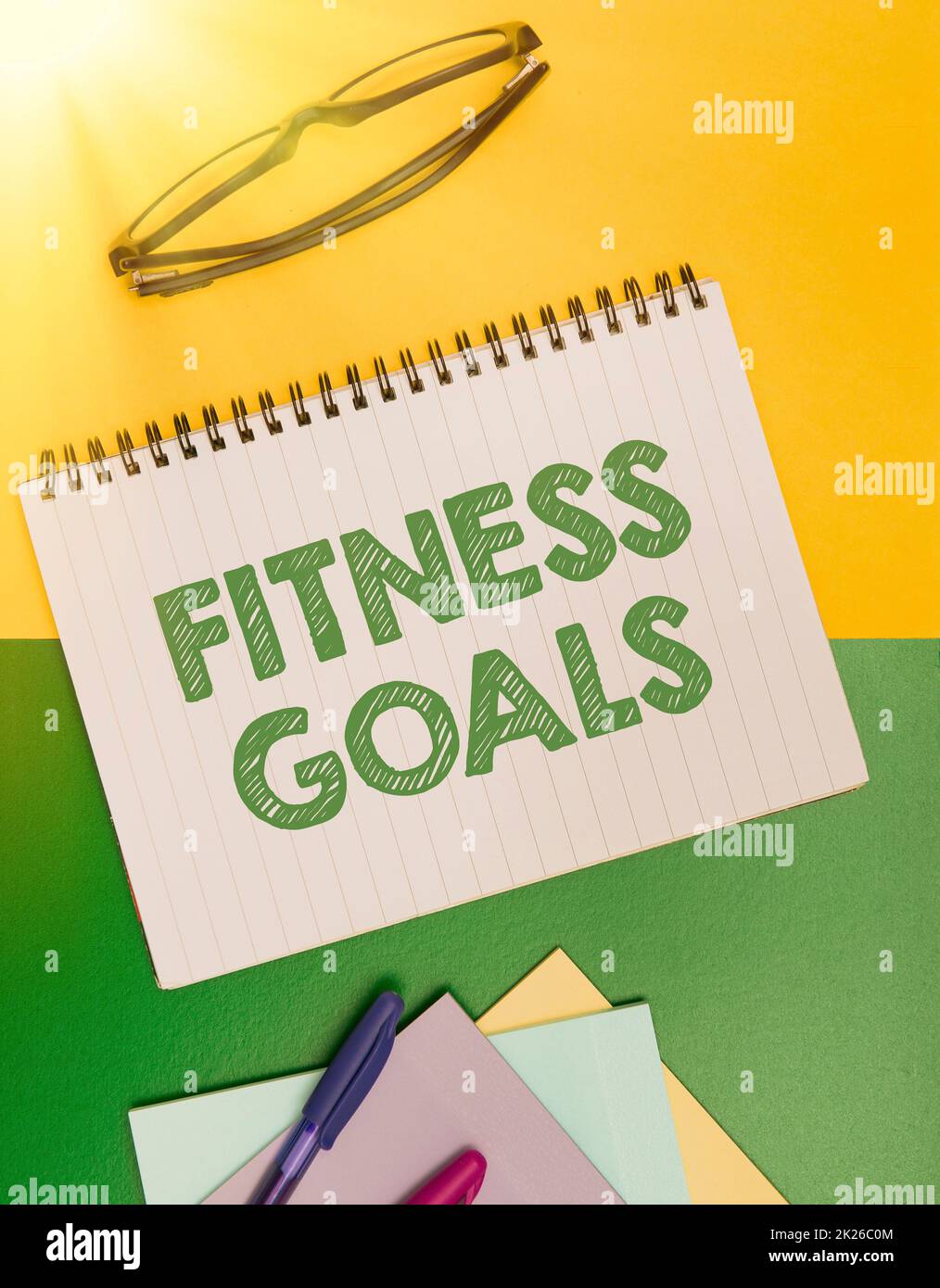 Text showing inspiration Fitness Goals. Conceptual photo Loose fat Build muscle Getting stronger Conditioning Flashy School Office Supplies, Teaching Learning Collections, Writing Tools Stock Photo