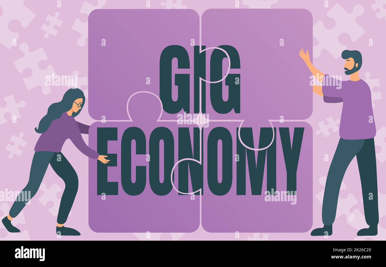 Text sign showing Gig Economy. Business showcase a market system distinguished by shortterm jobs and contracts Colleagues Drawing Fitting Four Pieces Of Jigsaw Puzzle Together Teamwork. Stock Photo