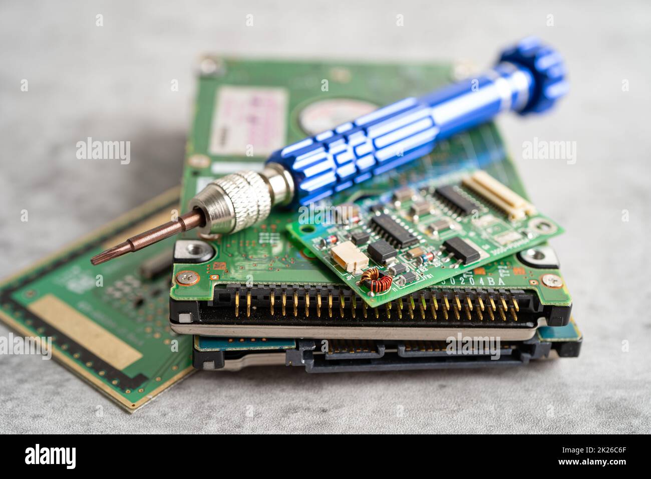 micro circuit main board computer electronic technology, hardware, upgrade, cleaning concept. Stock Photo