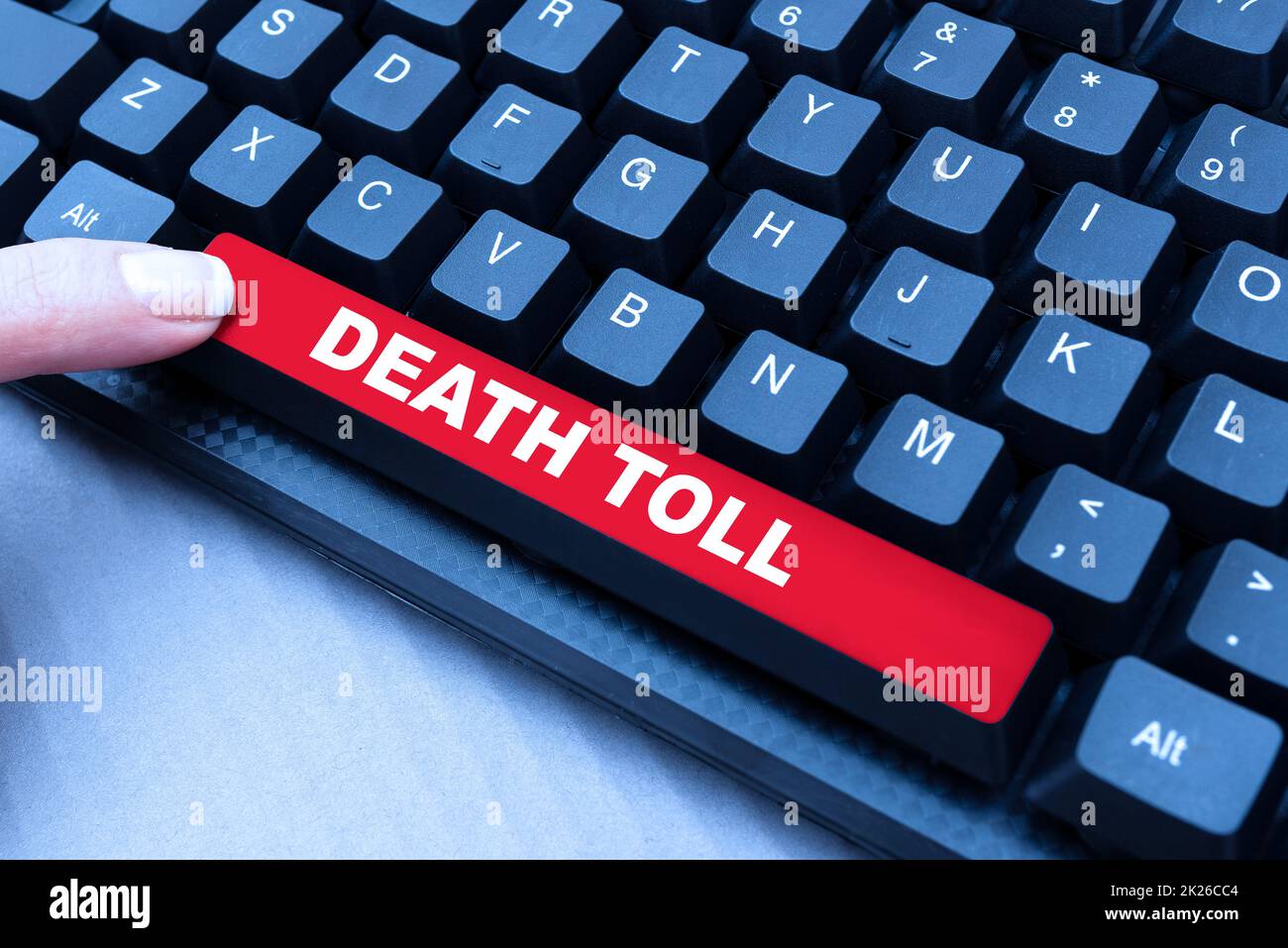 Conceptual display Death Toll. Word Written on the number of deaths resulting from a particular incident Abstract Typing License Agreement, Creating Online Reference Book Stock Photo