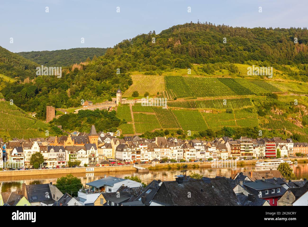 Zell an der Mosel town at Moselle river with vineyards wine in Germany Stock Photo