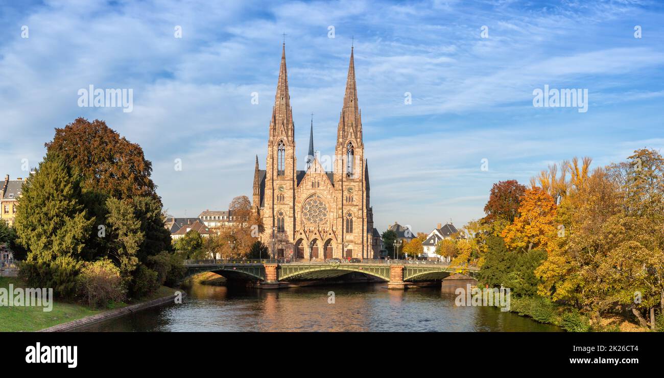 Saint-Paul church at Ill river water panorama Alsace in Strasbourg France Stock Photo
