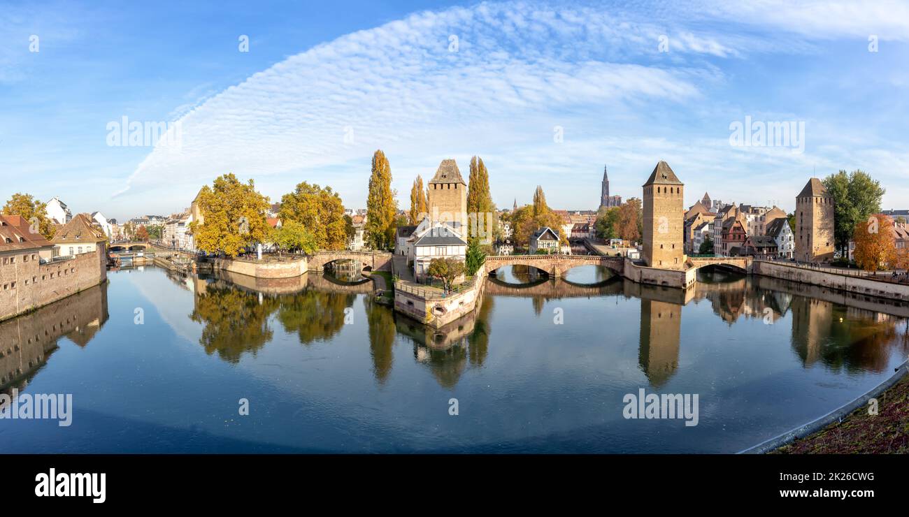La Petite France with bridge over river Ill water tower panorama copyspace copy space Alsace in Strasbourg, France Stock Photo