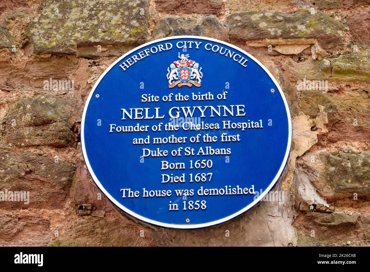 The Nell Gwynne blue plaque in Gwynne Street, Hereford, Herefordshire, England, UK Stock Photo