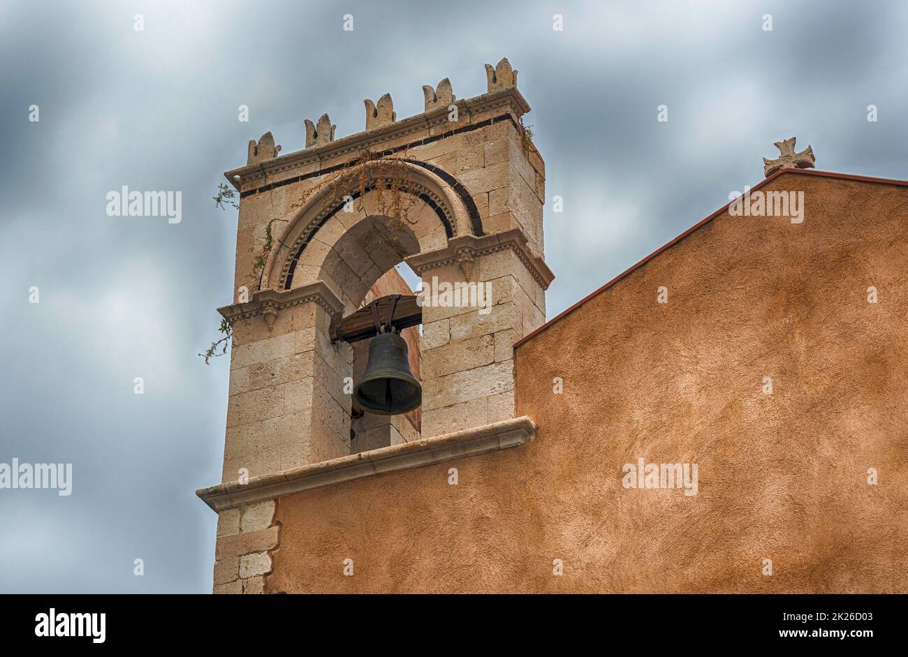 Ancient belltower, iconic landmark in Taormina, Sicily, Italy Stock Photo