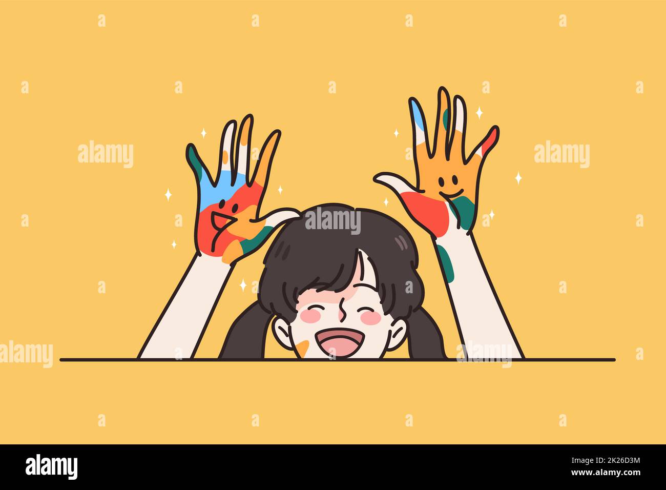 Smiling girl child with colorful hands from paint Stock Photo
